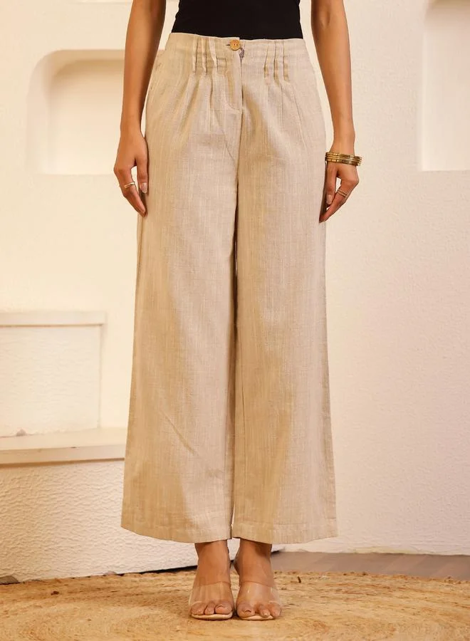 sanskrutihomes Women Beige Linen Wide Leg Trousers